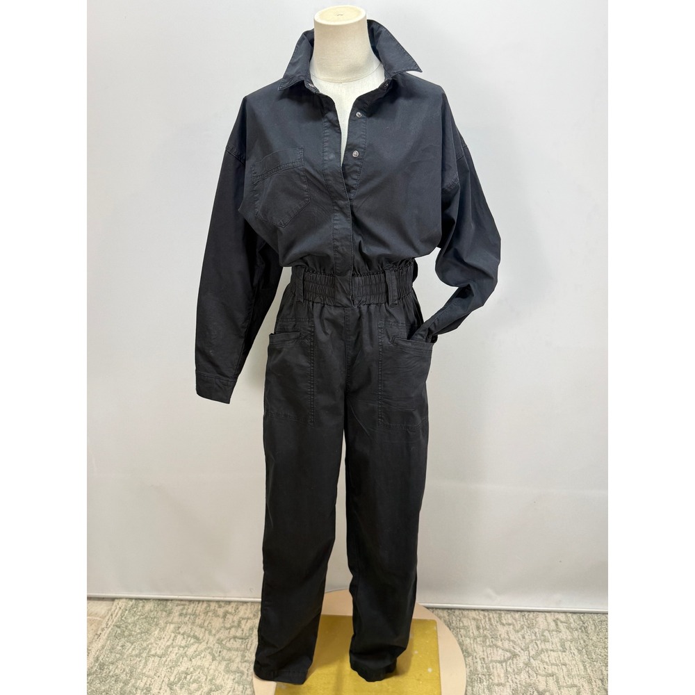 Pistola Black Cotton Utility Jumpsuit Long Sleeve Snap Front Elastic Waist Sz S